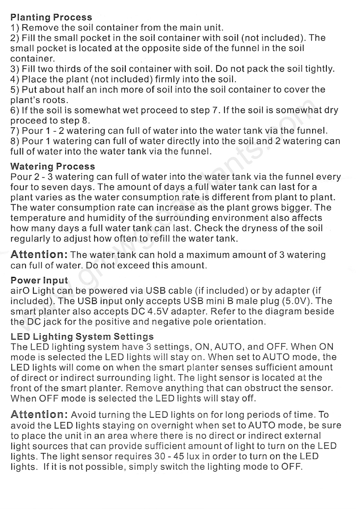 LED Grow Pot - Use Instructions Back